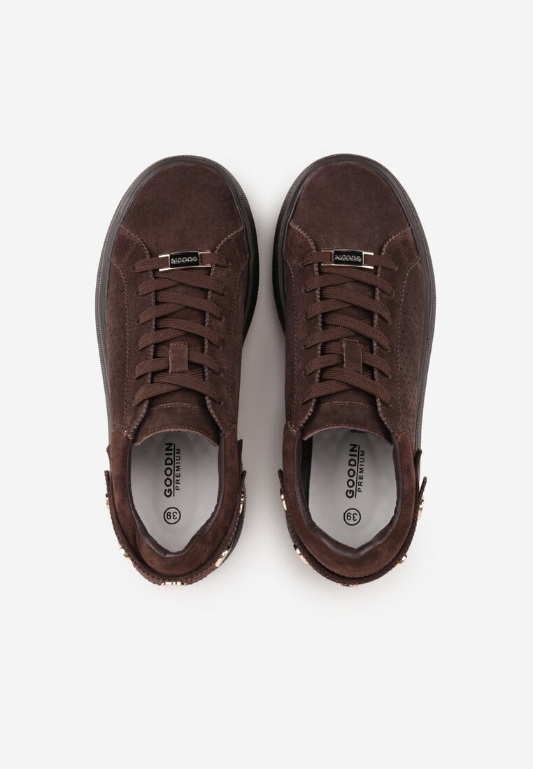 Ciemnobrązowe Skórzane Sneakersy na Platformie i Koturnie Zdobione Perforacją Peniesh