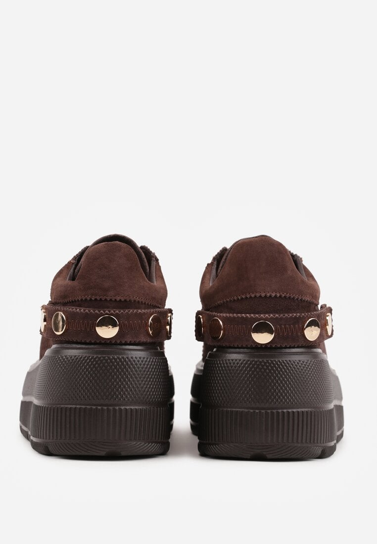 Ciemnobrązowe Skórzane Sneakersy na Platformie i Koturnie Zdobione Perforacją Peniesh