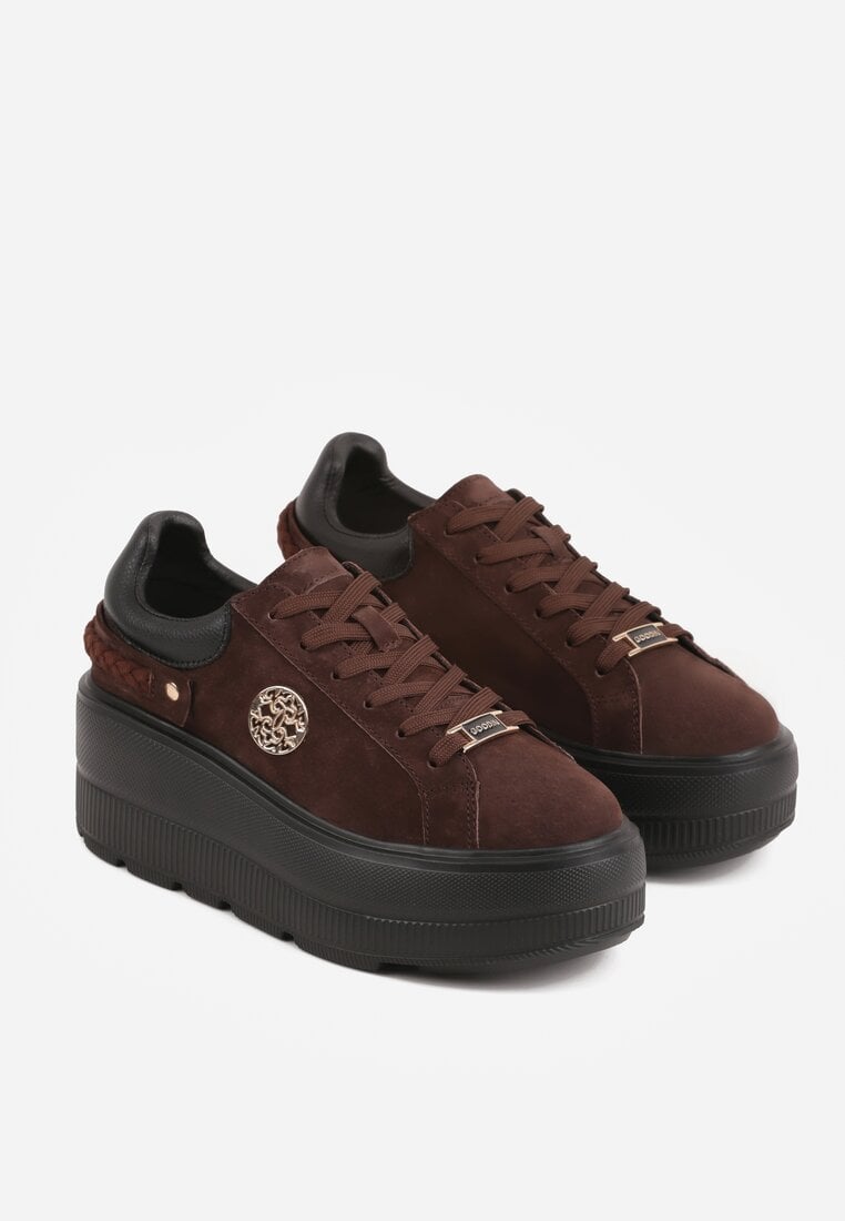 Brązowe Sneakersy Skórzane na Grubej Podeszwie z Plecionym Paskiem i Ozdobą Chalessei