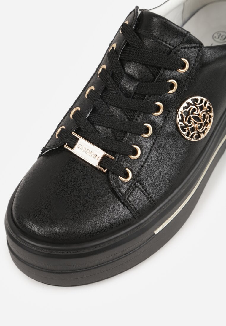 Czarne Sneakersy na Koturnie ze Skóry Naturalnej z Ozdobami Cnassophe