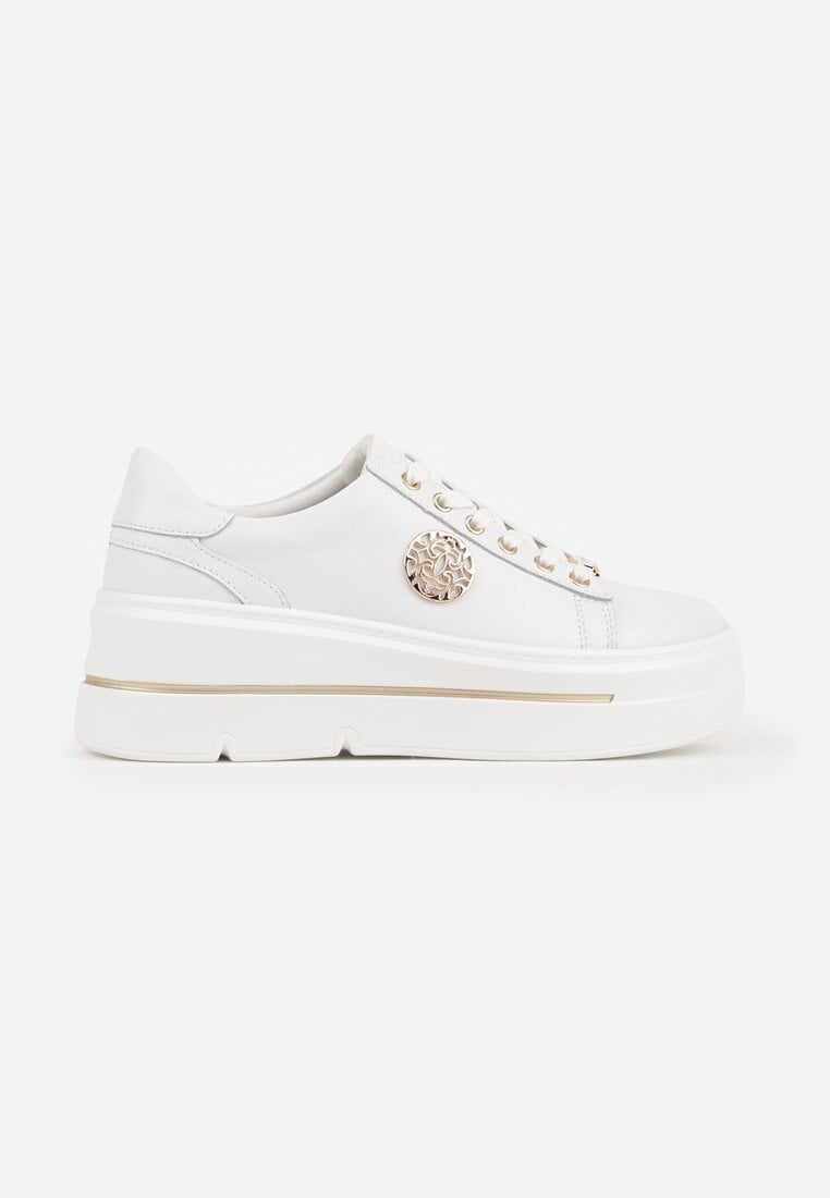 Białe Sneakersy na Koturnie ze Skóry Naturalnej z Ozdobami Cnassophe