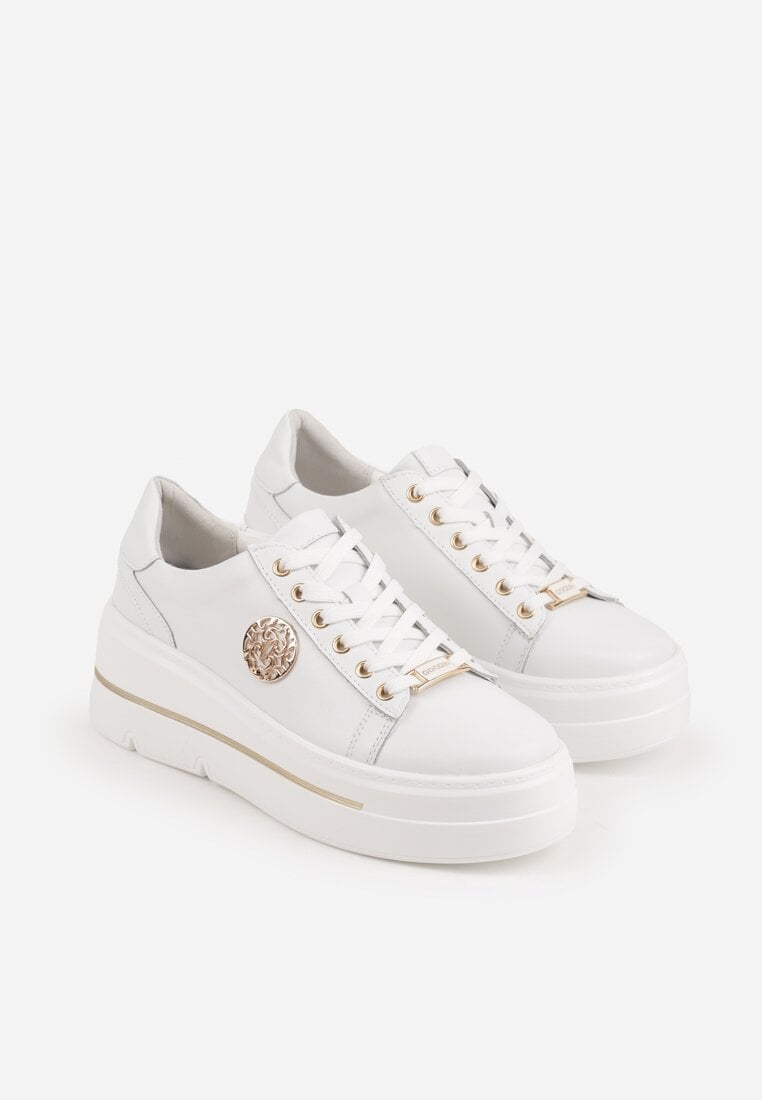 Białe Sneakersy na Koturnie ze Skóry Naturalnej z Ozdobami Cnassophe