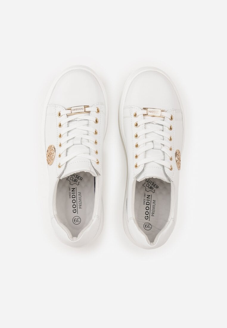 Białe Sneakersy na Koturnie ze Skóry Naturalnej z Ozdobami Cnassophe