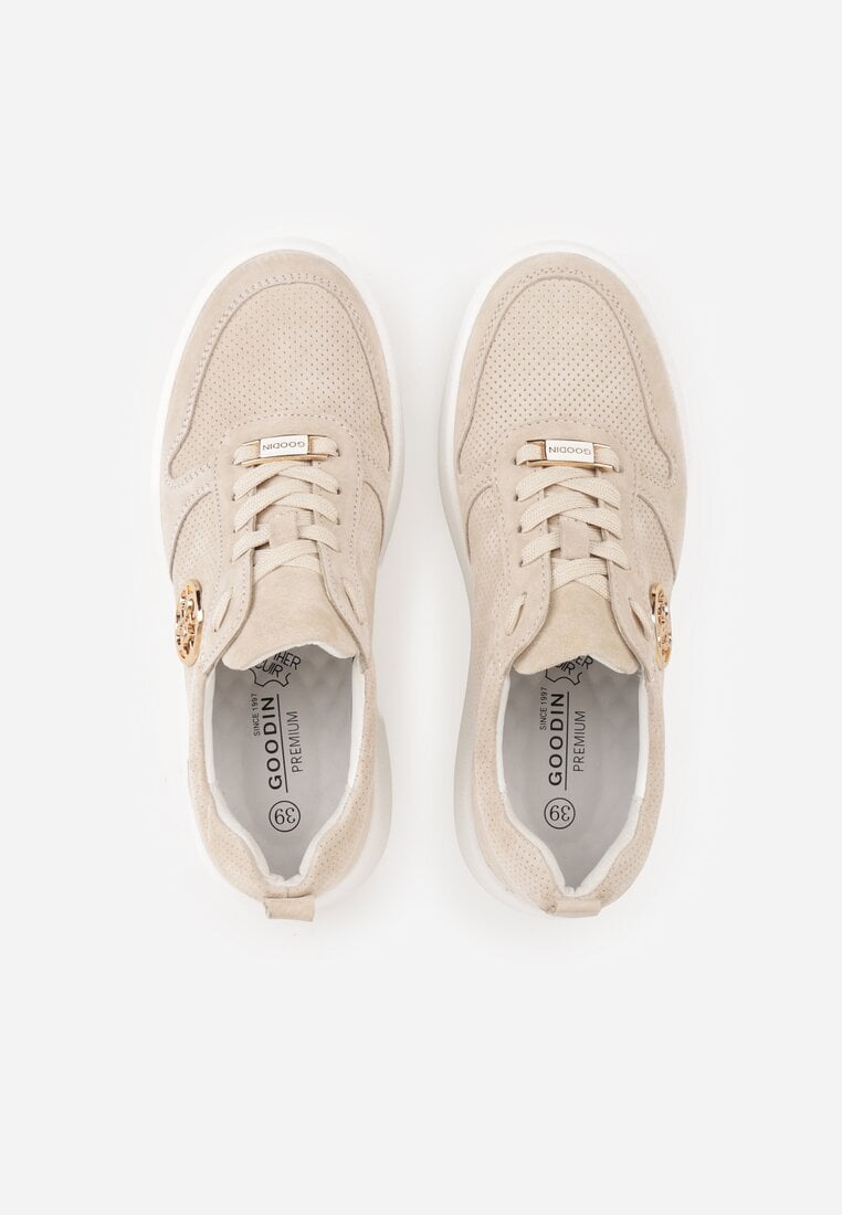 Beżowe Sneakersy Skórzane na Grubej Podeszwie z Geometryczną Ozdobą Syrolphi