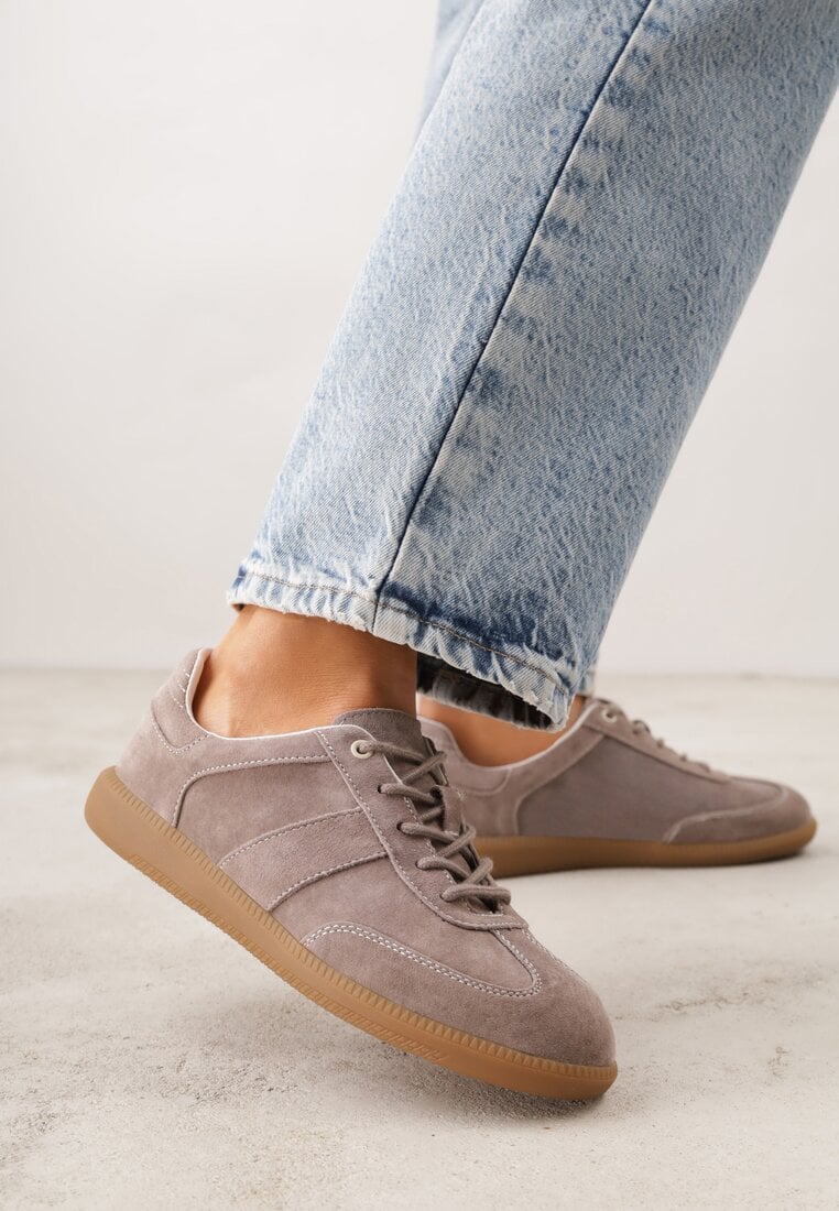 Ciemnobeżowe Sneakersy z Zamszu Naturalnego ze Skórzaną Wkładką i Przeszyciami Muririal