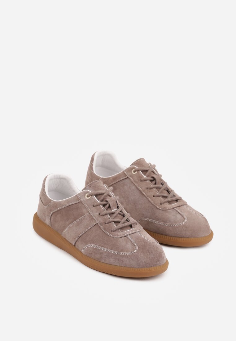 Ciemnobeżowe Sneakersy z Zamszu Naturalnego ze Skórzaną Wkładką i Przeszyciami Muririal
