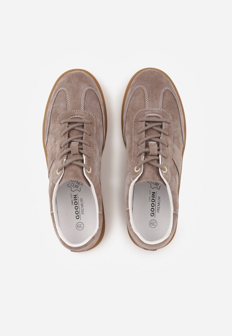 Ciemnobeżowe Sneakersy z Zamszu Naturalnego ze Skórzaną Wkładką i Przeszyciami Muririal