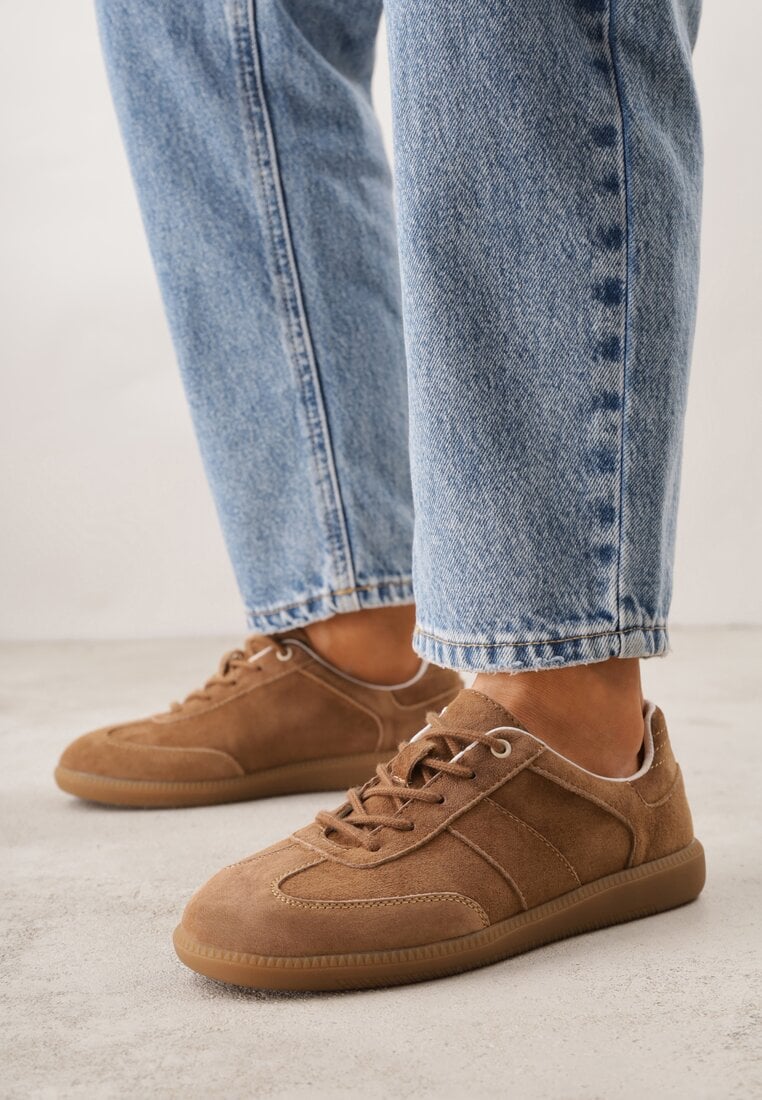 Brązowe Sneakersy z Zamszu Naturalnego ze Skórzaną Wkładką i Przeszyciami Muririal