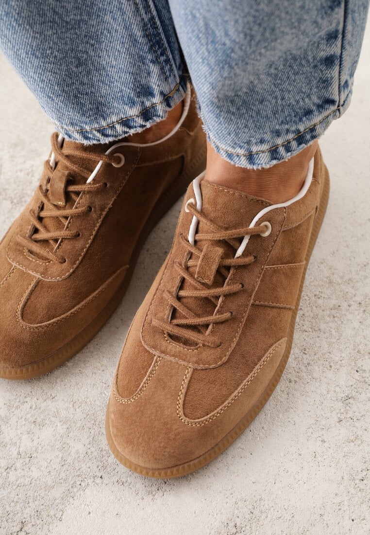 Brązowe Sneakersy z Zamszu Naturalnego ze Skórzaną Wkładką i Przeszyciami Muririal