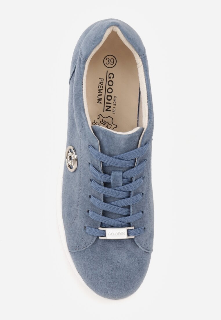 Niebieskie Sneakersy ze Skóry Naturalnej na Grubej Podeszwie z Metaliczną Ozdobą Sabypise