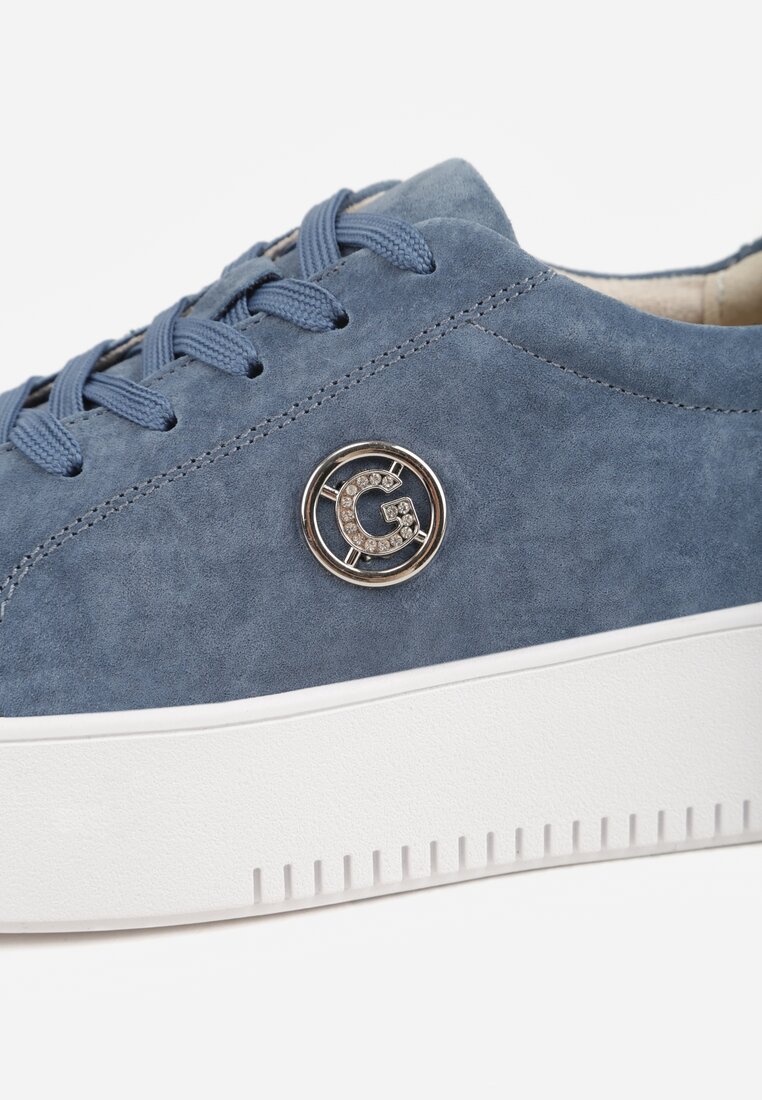 Niebieskie Sneakersy ze Skóry Naturalnej na Grubej Podeszwie z Metaliczną Ozdobą Sabypise