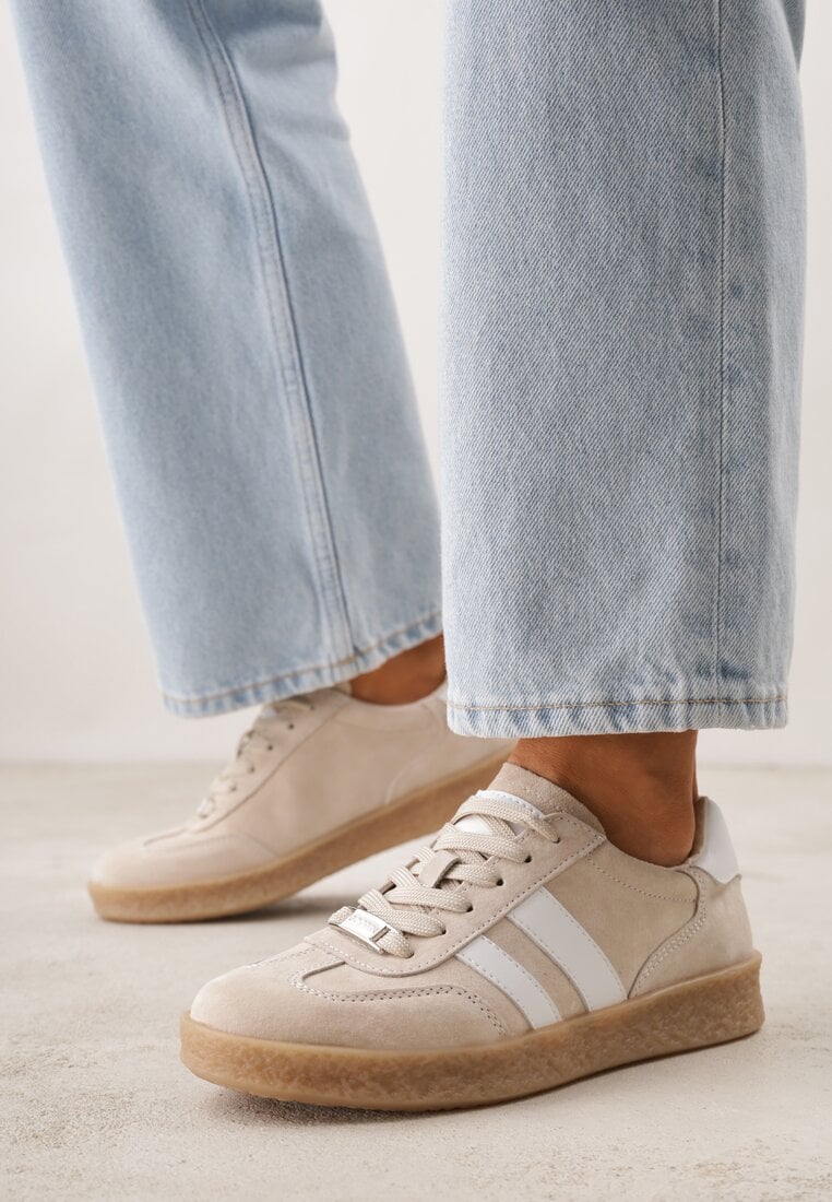 Beżowe Sneakersy ze Skóry Naturalnej w Stylu Tenisówek z Paskami Arethephila