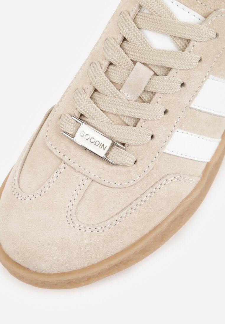 Beżowe Sneakersy ze Skóry Naturalnej w Stylu Tenisówek z Paskami Arethephila