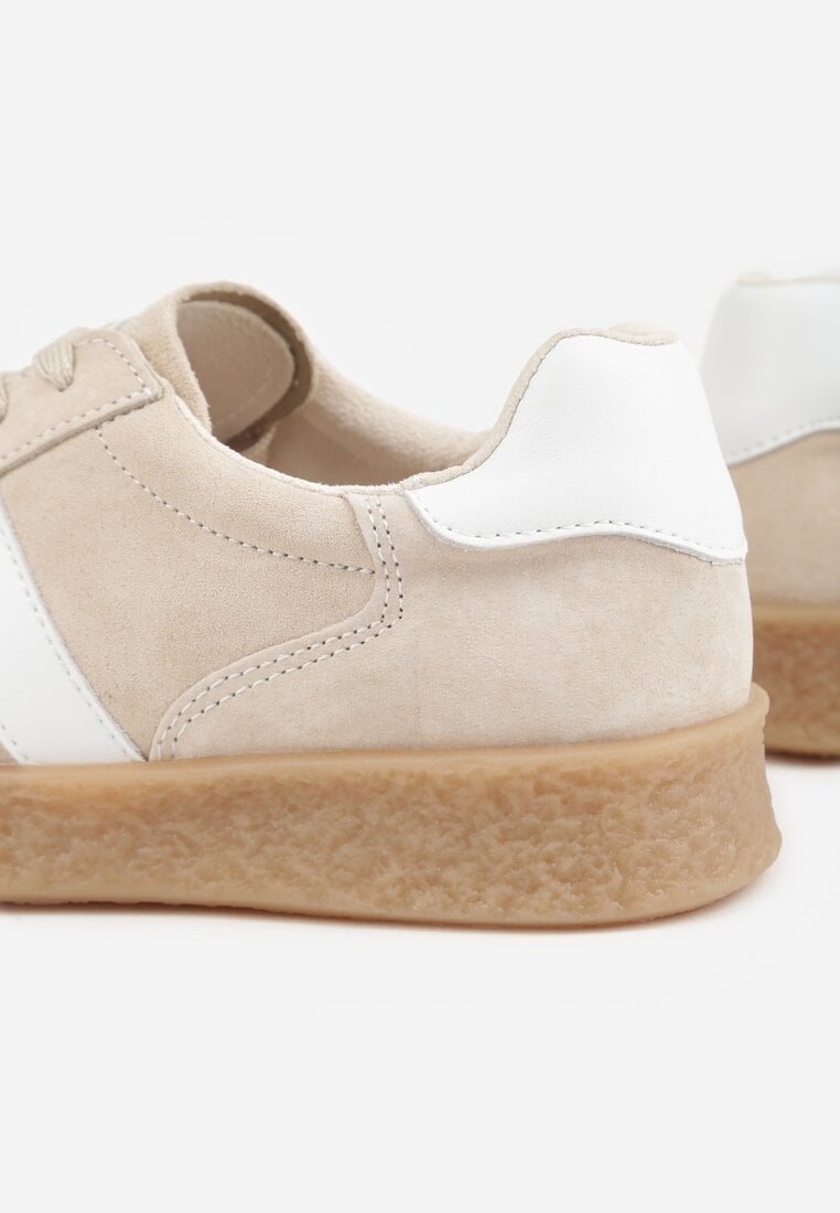 Beżowe Sneakersy ze Skóry Naturalnej w Stylu Tenisówek z Paskami Arethephila