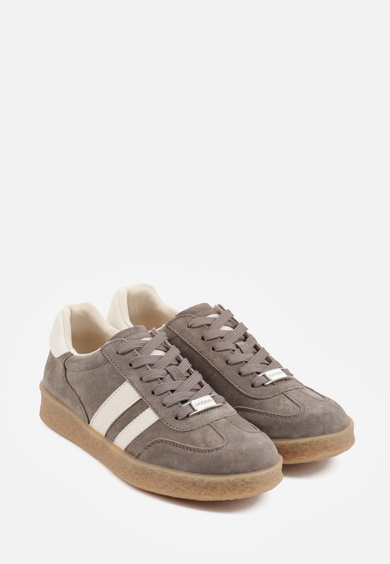 Ciemnobeżowe Sneakersy ze Skóry Naturalnej w Stylu Tenisówek z Paskami Arethephila