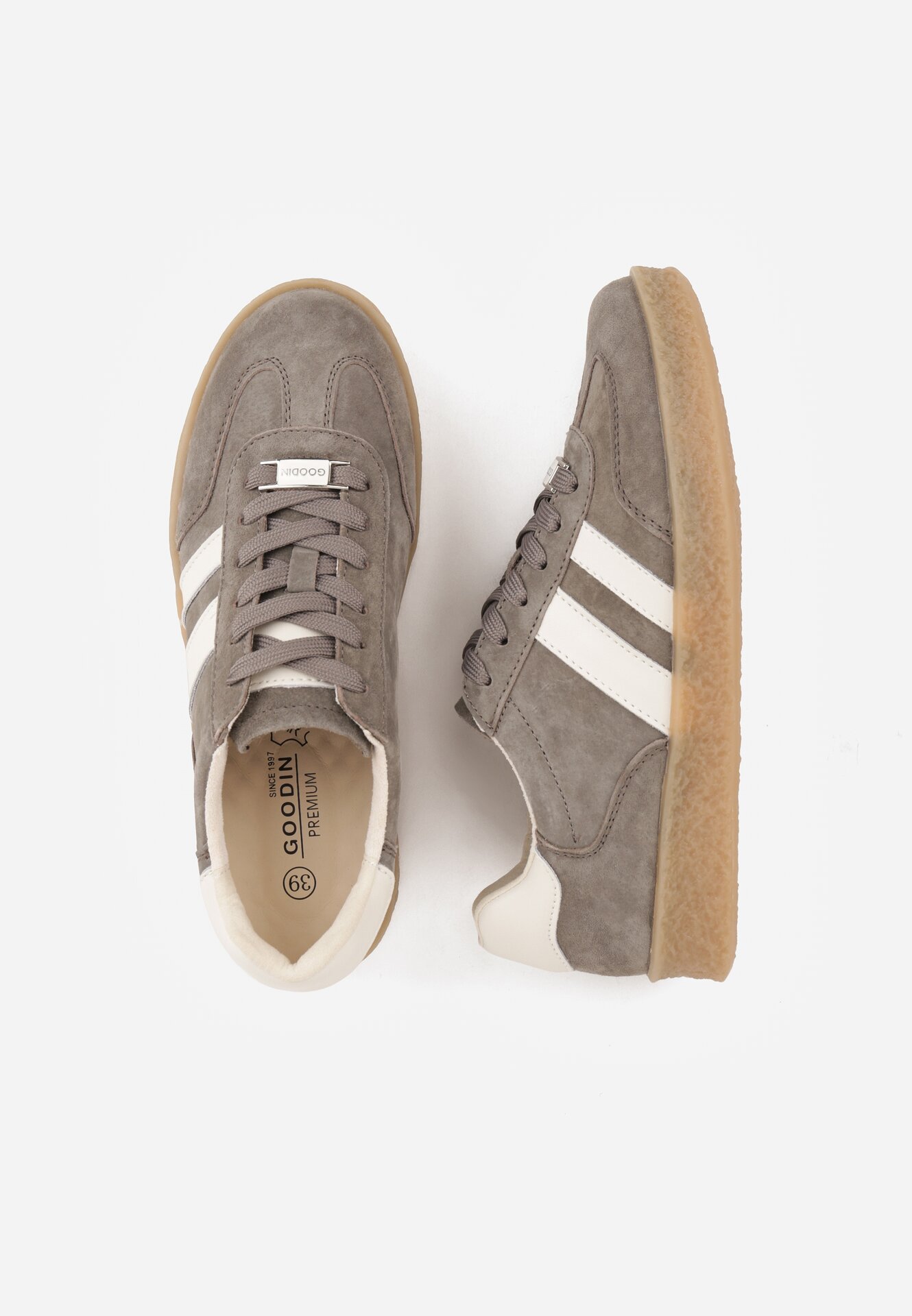 Ciemnobeżowe Sneakersy ze Skóry Naturalnej w Stylu Tenisówek z Paskami Arethephila