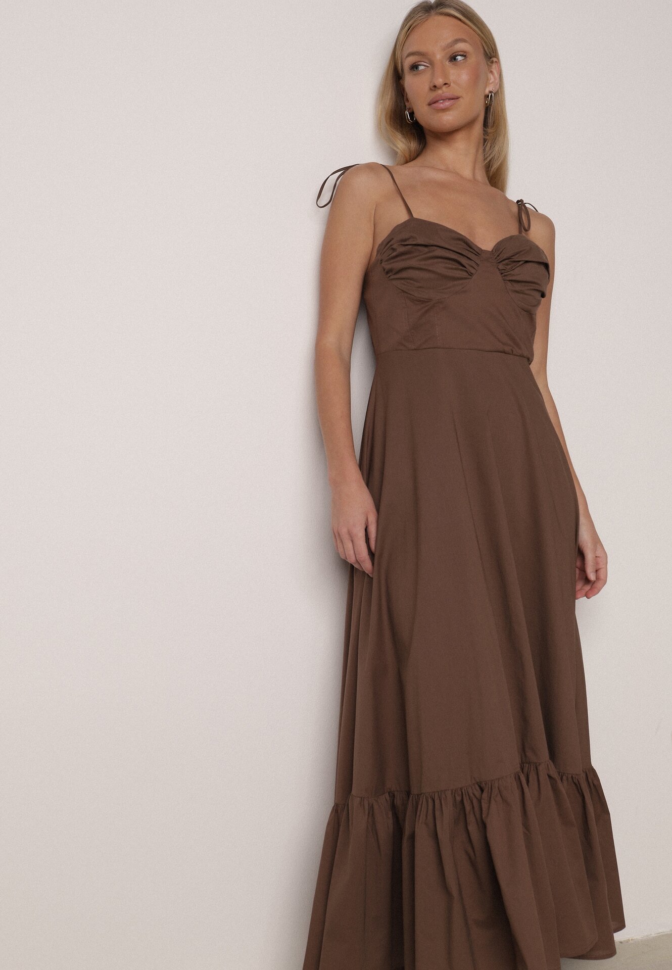 Brązowa Bawełniana Sukienka o Rozkloszowanym Kroju na Wiązanych Ramiączkach Milalisa