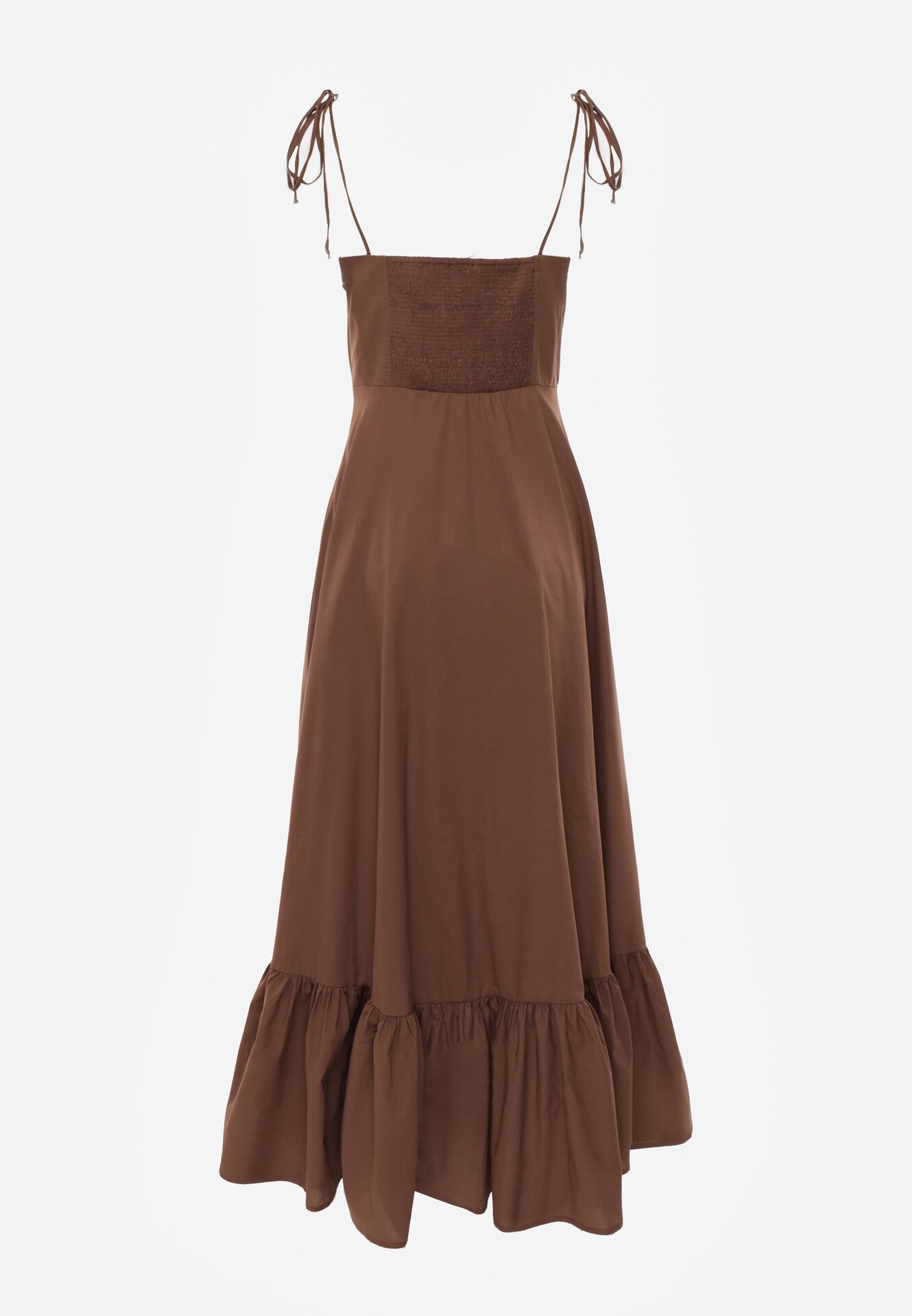 Brązowa Bawełniana Sukienka o Rozkloszowanym Kroju na Wiązanych Ramiączkach Milalisa