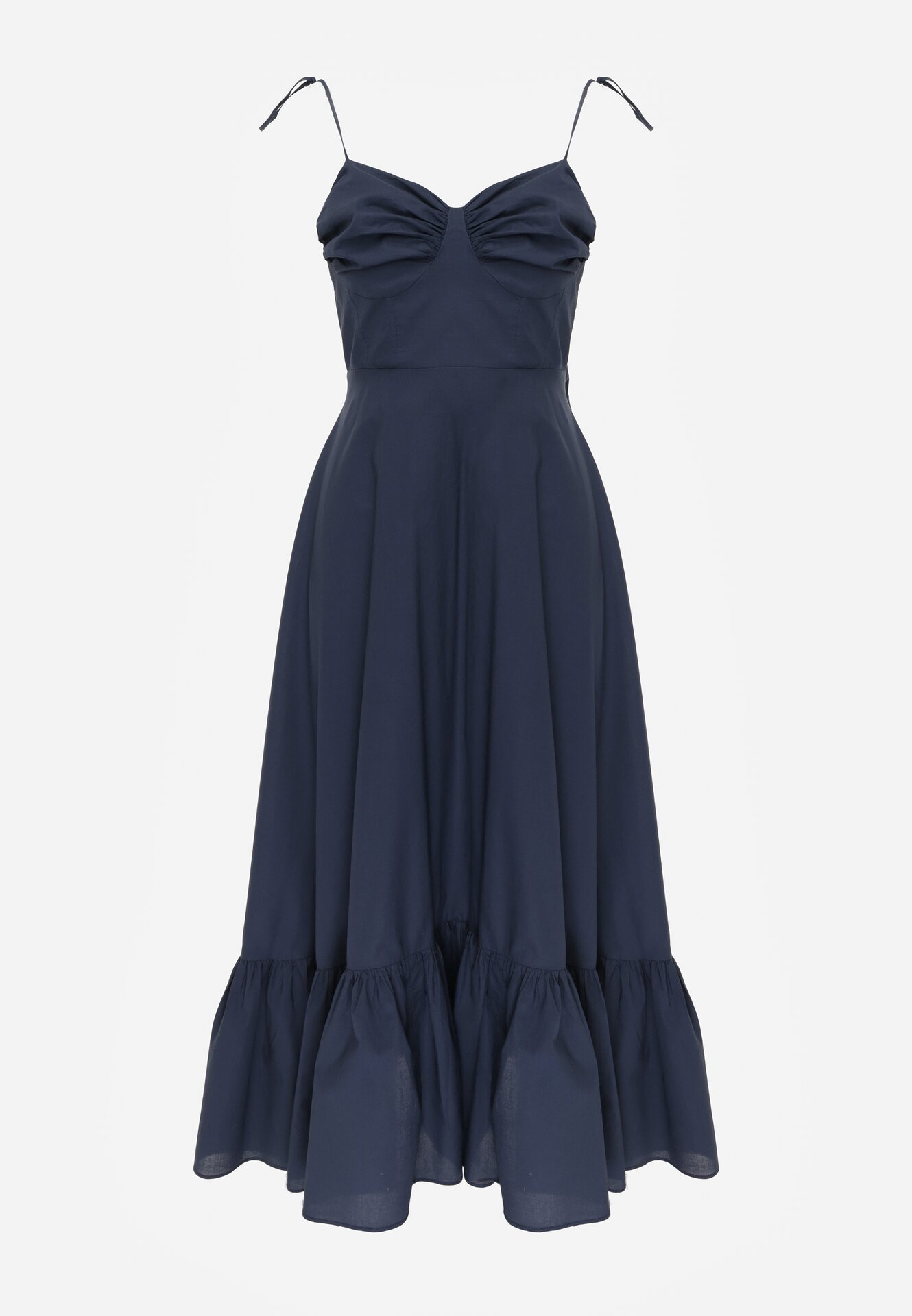 Granatowa Bawełniana Sukienka o Rozkloszowanym Kroju na Wiązanych Ramiączkach Milalisa