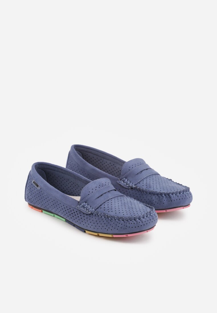 Niebieskie Ażurowe Mokasyny ze Skórzaną Wkładką Ozdobione Przeszyciami Sylilise
