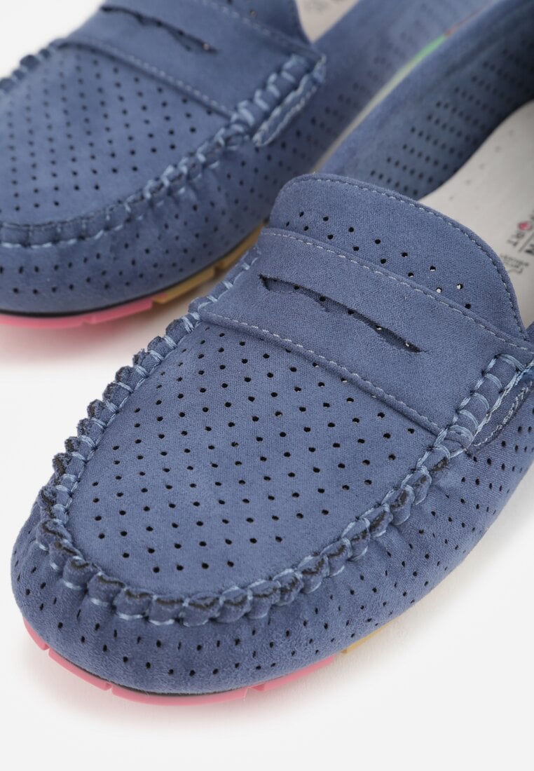 Niebieskie Ażurowe Mokasyny ze Skórzaną Wkładką Ozdobione Przeszyciami Sylilise