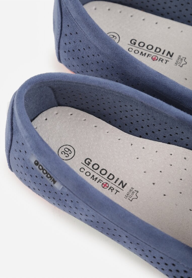 Niebieskie Ażurowe Mokasyny ze Skórzaną Wkładką Ozdobione Przeszyciami Sylilise