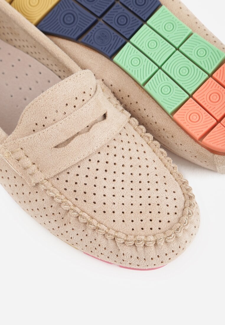 Beżowe Ażurowe Mokasyny ze Skórzaną Wkładką Ozdobione Przeszyciami Sylilise