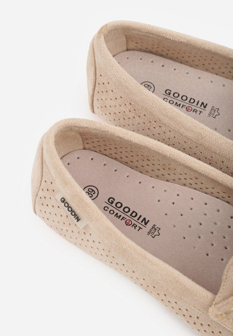 Beżowe Ażurowe Mokasyny ze Skórzaną Wkładką Ozdobione Przeszyciami Sylilise