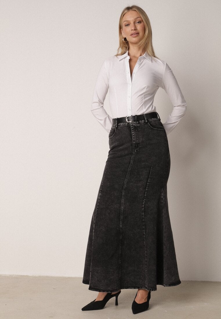 Czarna Bawełniana Spódnica Denimowa o Kroju Syrenki z Paskiem Agenia