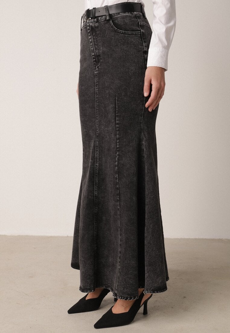 Czarna Bawełniana Spódnica Denimowa o Kroju Syrenki z Paskiem Agenia