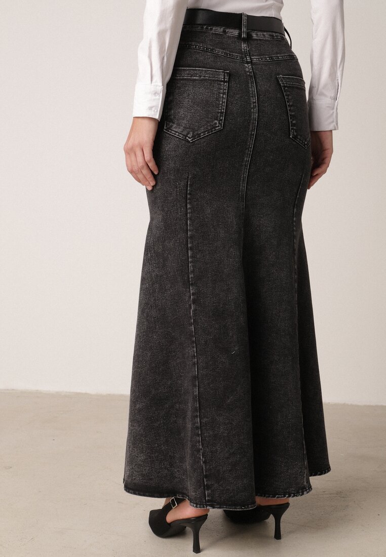 Czarna Bawełniana Spódnica Denimowa o Kroju Syrenki z Paskiem Agenia