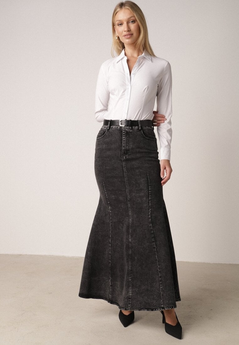 Czarna Bawełniana Spódnica Denimowa o Kroju Syrenki z Paskiem Agenia