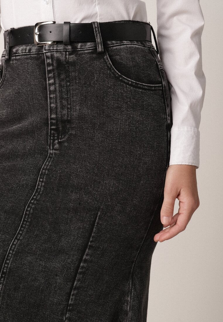 Czarna Bawełniana Spódnica Denimowa o Kroju Syrenki z Paskiem Agenia