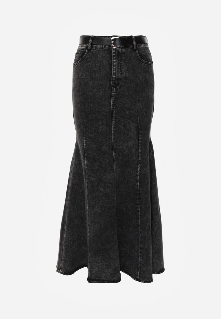 Czarna Bawełniana Spódnica Denimowa o Kroju Syrenki z Paskiem Agenia