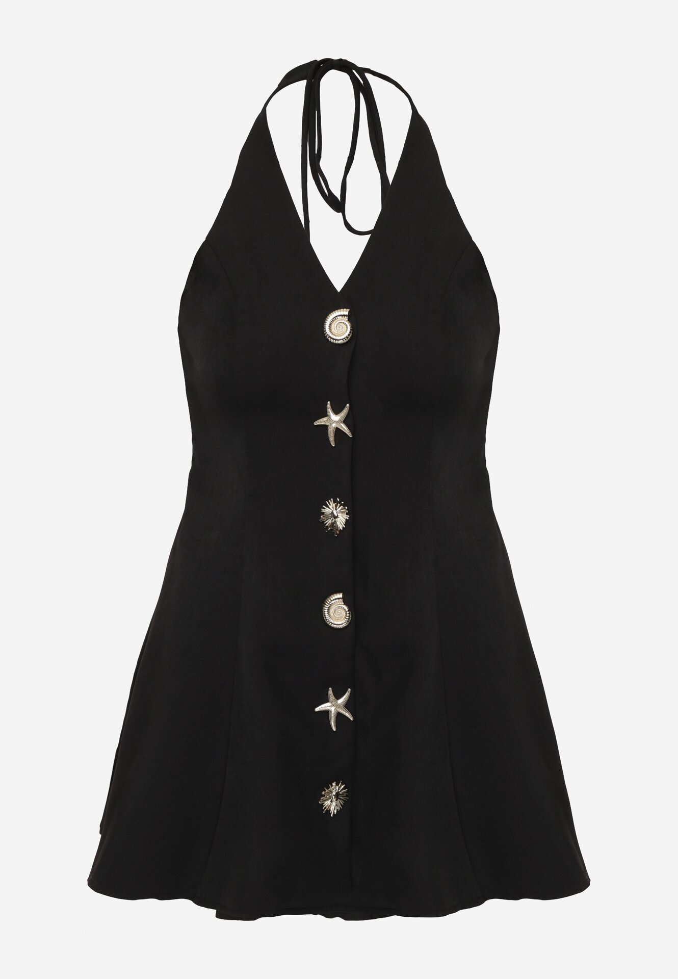 Czarna Sukienka Taliowana Wiązana na Szyi z Ozdobnymi Guzikami Cilamene