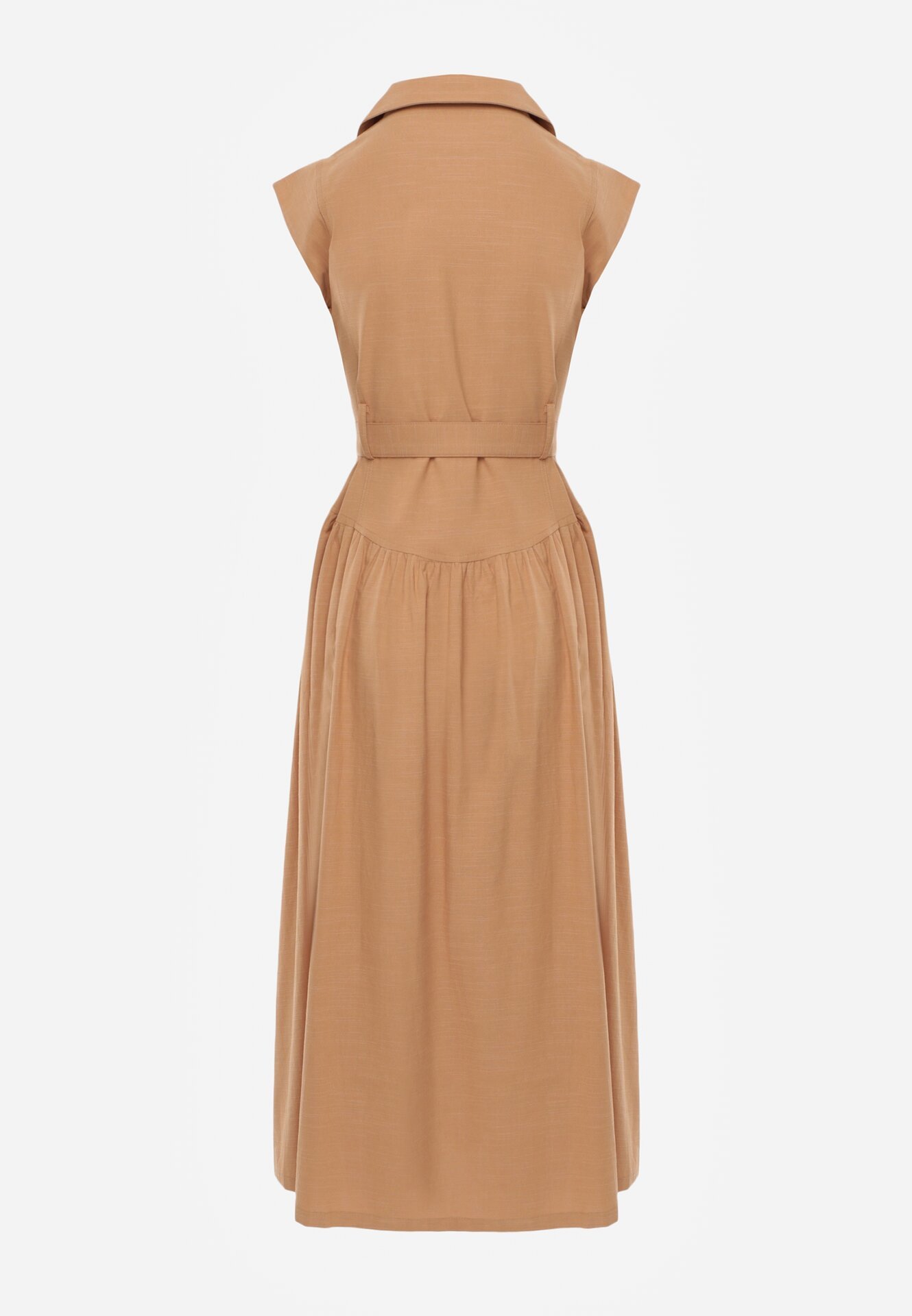 Beżowa Koszulowa Sukienka Bez Rękawów z Wiskozy i Bawełny z Paskiem Suranon