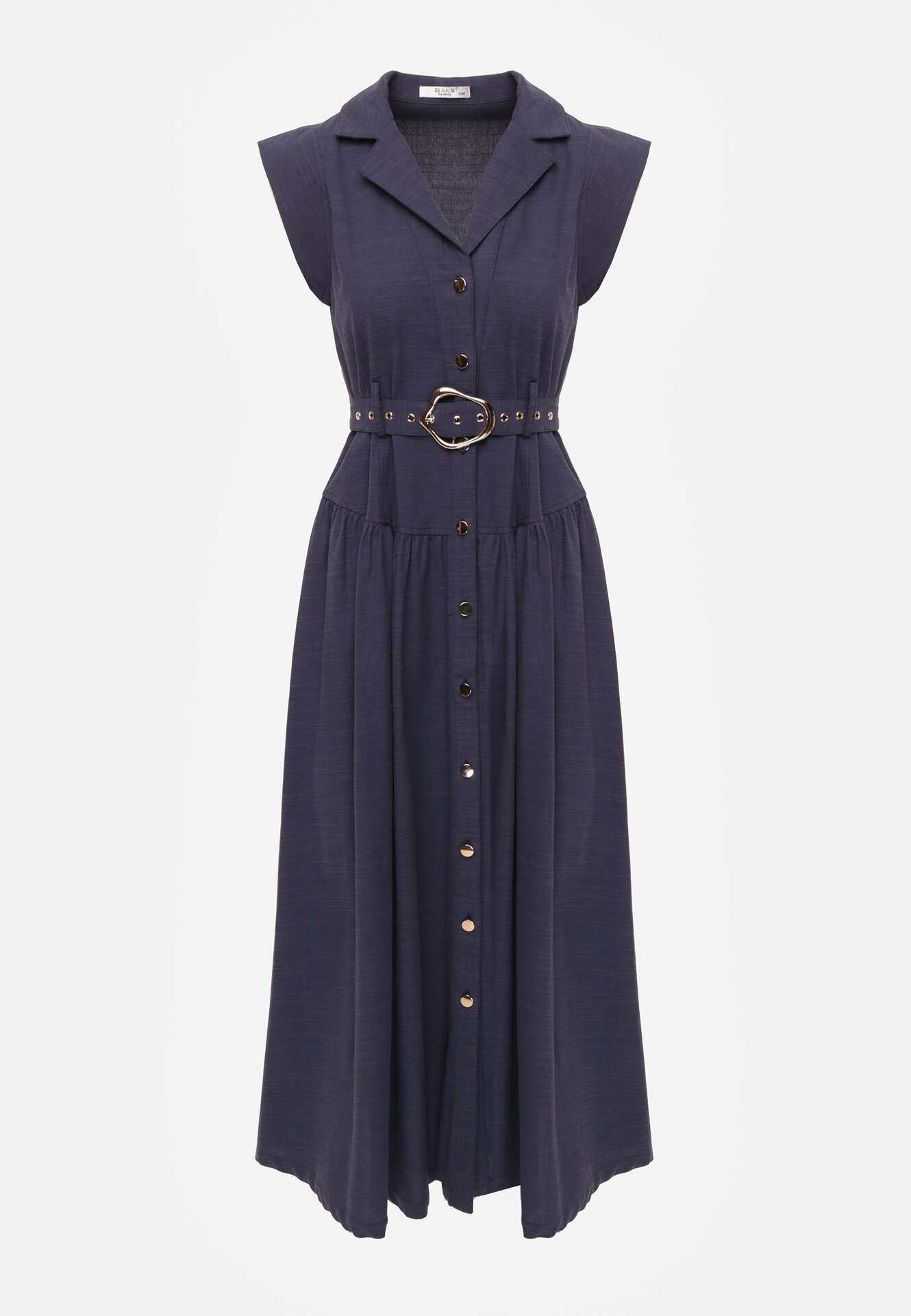 Granatowa Koszulowa Sukienka Bez Rękawów z Wiskozy i Bawełny z Paskiem Suranon