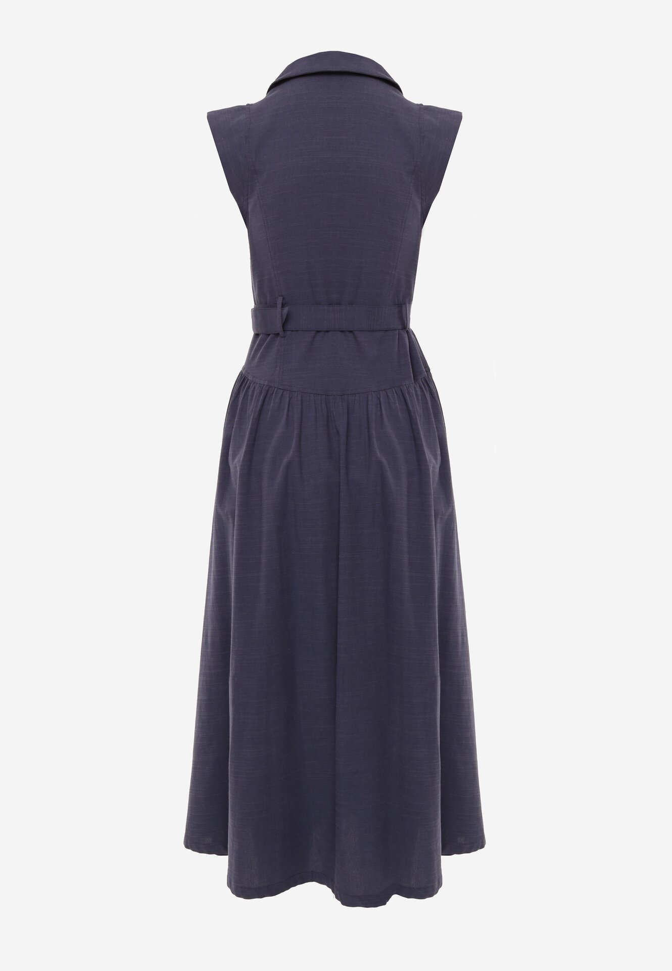 Granatowa Koszulowa Sukienka Bez Rękawów z Wiskozy i Bawełny z Paskiem Suranon