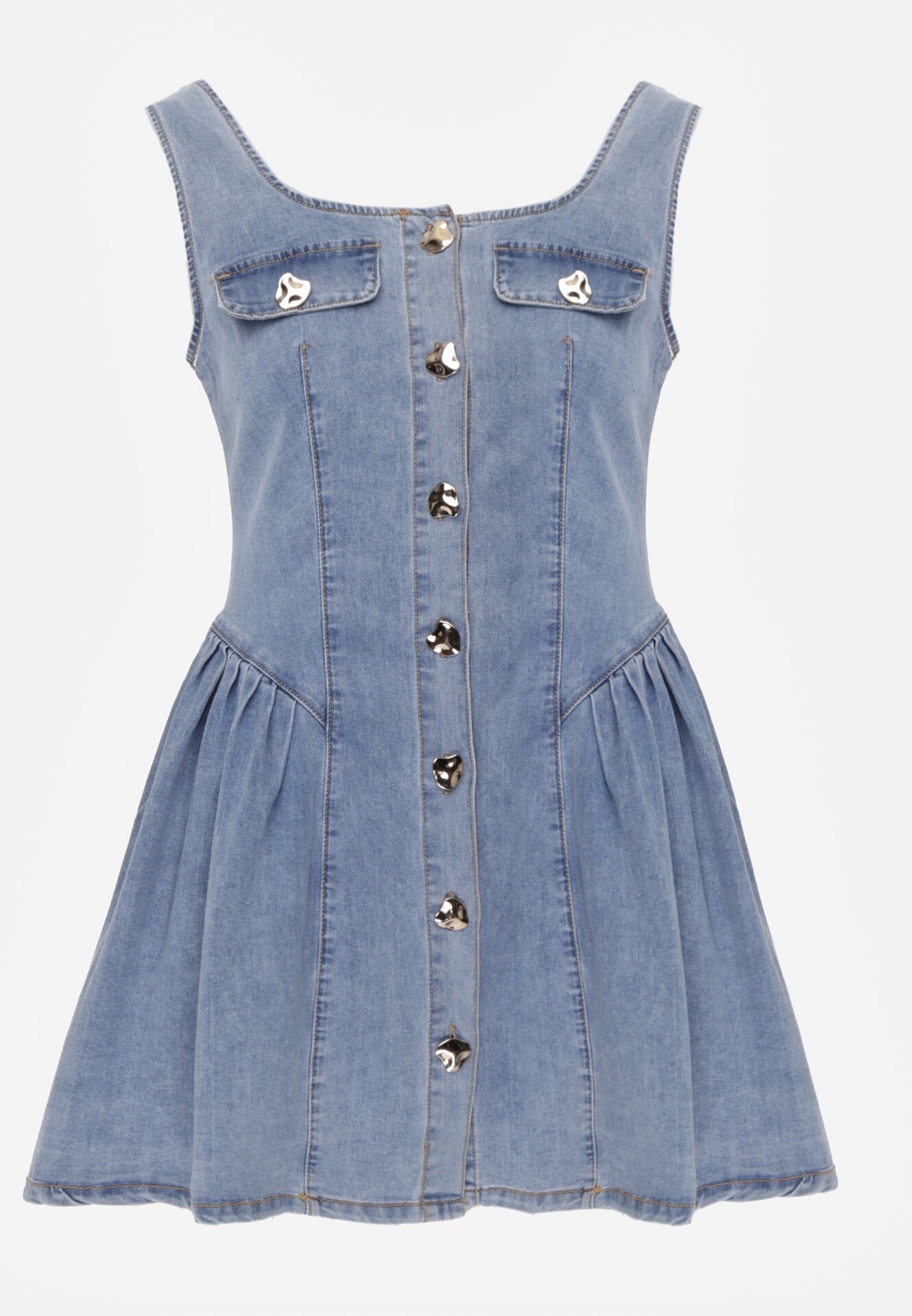 Jasnoniebieska Jeansowa Sukienka z Bawełny o Rozkloszowanym Kroju z Guzikami Nikesilea