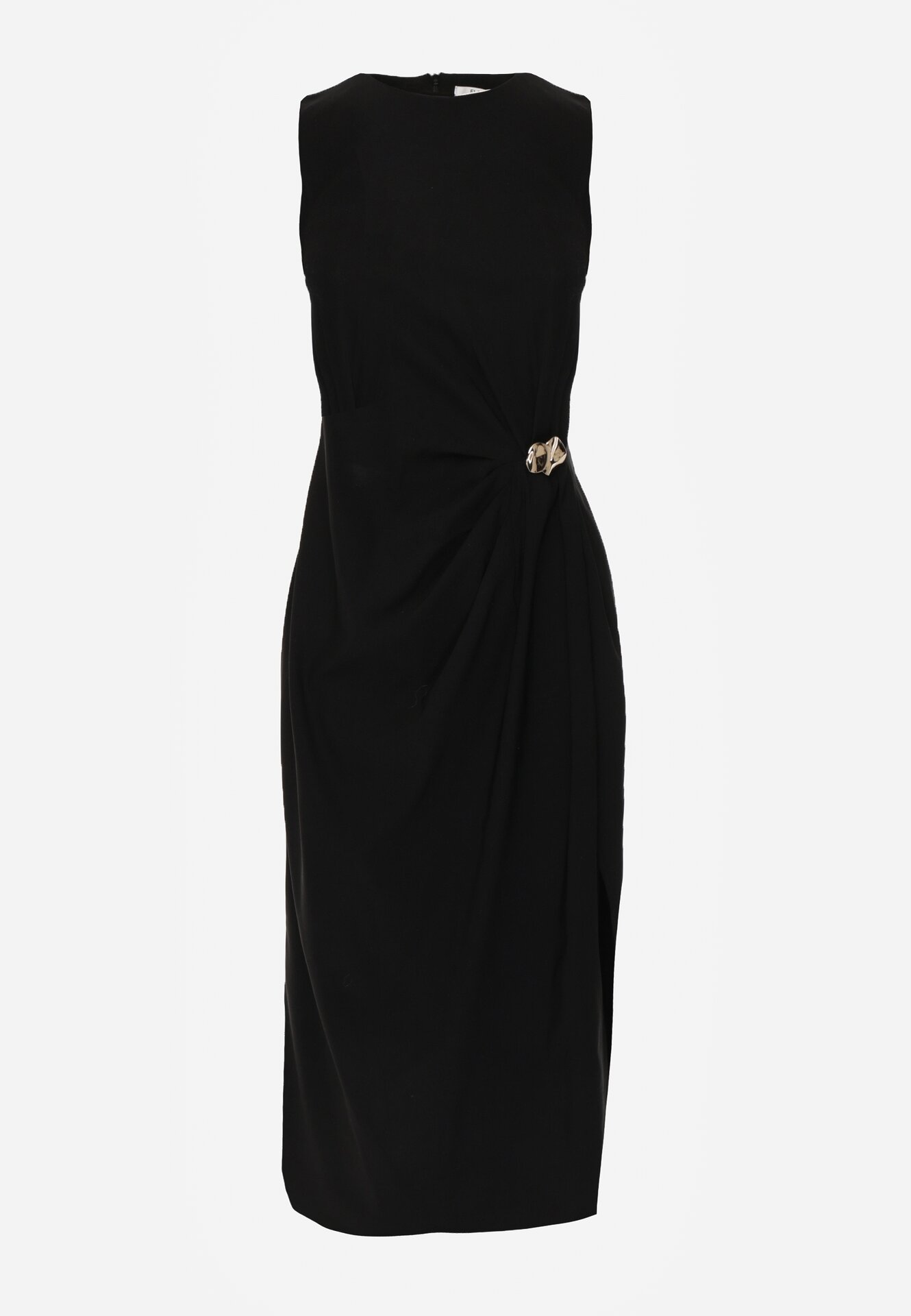 Czarna Sukienka z Wiskozą z Metaliczną Aplikacją i Rozcięciem na Nogę Aeradina