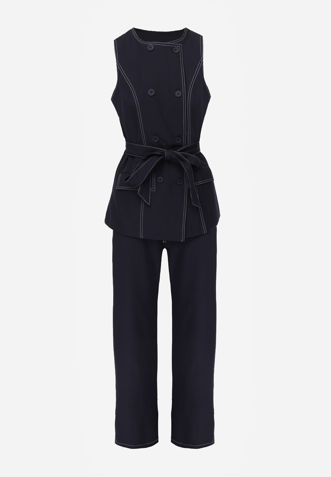 Granatowy Komplet Garniturowy Kamizelka z Paskiem i Szerokie Spodnie Zina