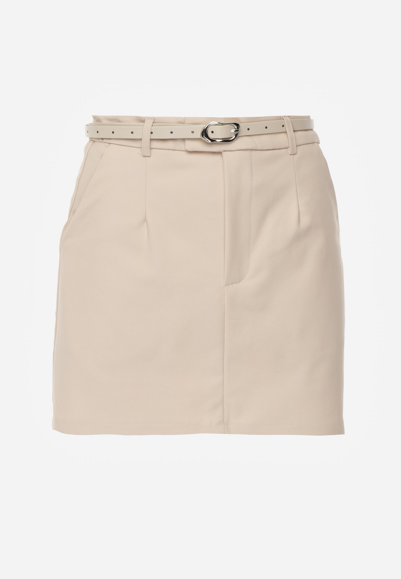 Beżowa Ołówkowa Spódnica z Bawełną z Paskiem i Podszewką Typu Szorty Vikisola