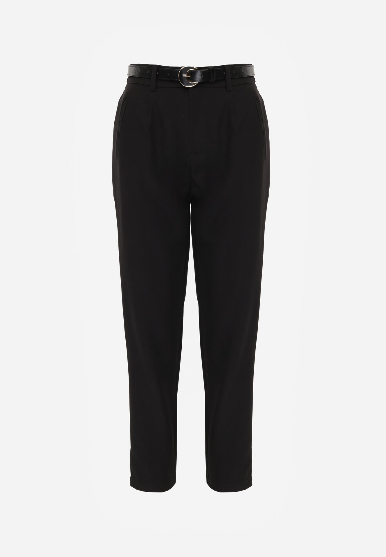 Czarne Spodnie Typu Cygaretki z Wysokim Stanem Paskiem i Klamrą Półksiężycem Vikirae