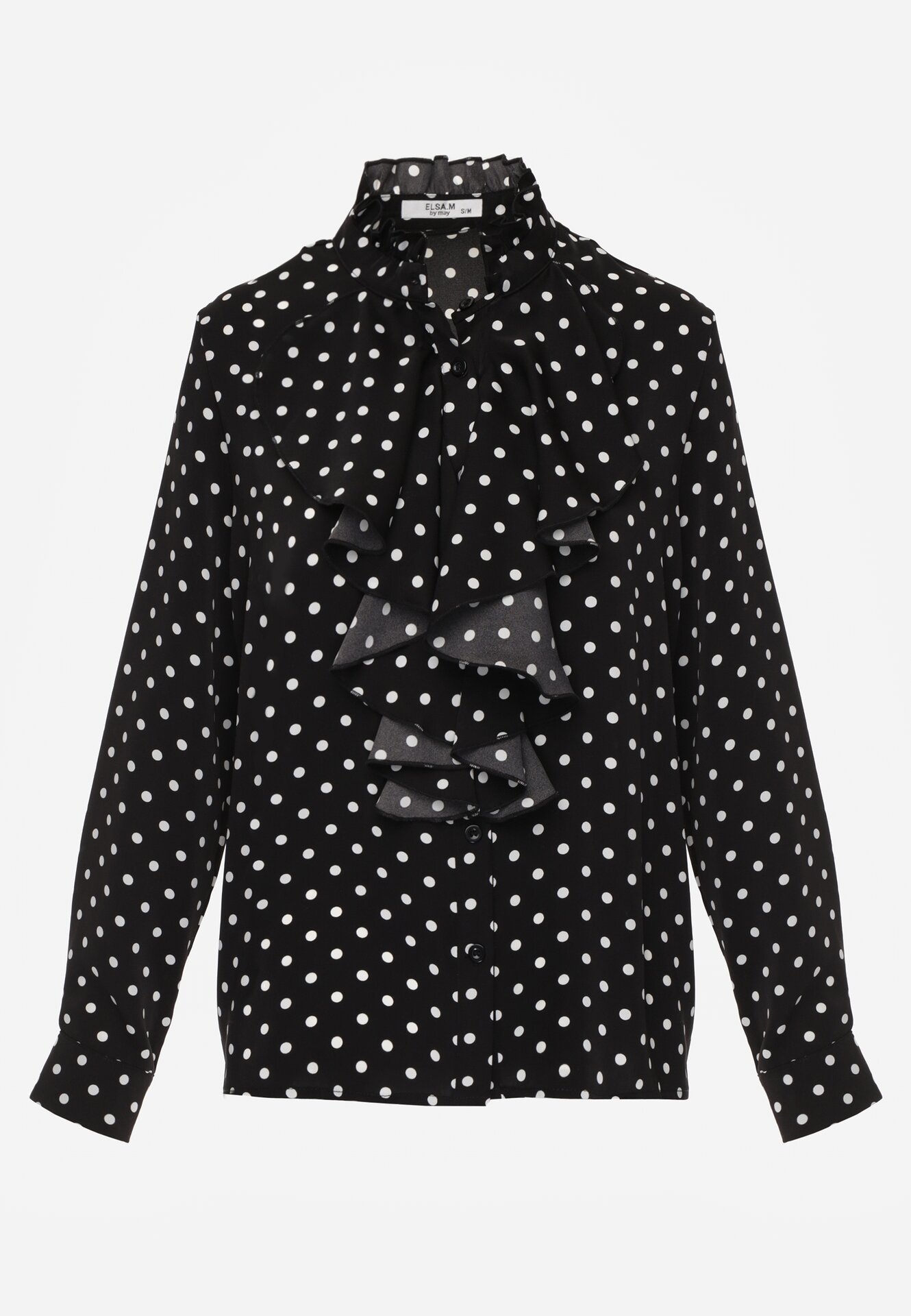 Czarna Wiskozowa Koszula w Kropki ze Stójką z Ozdobnymi Falbanami Isamene