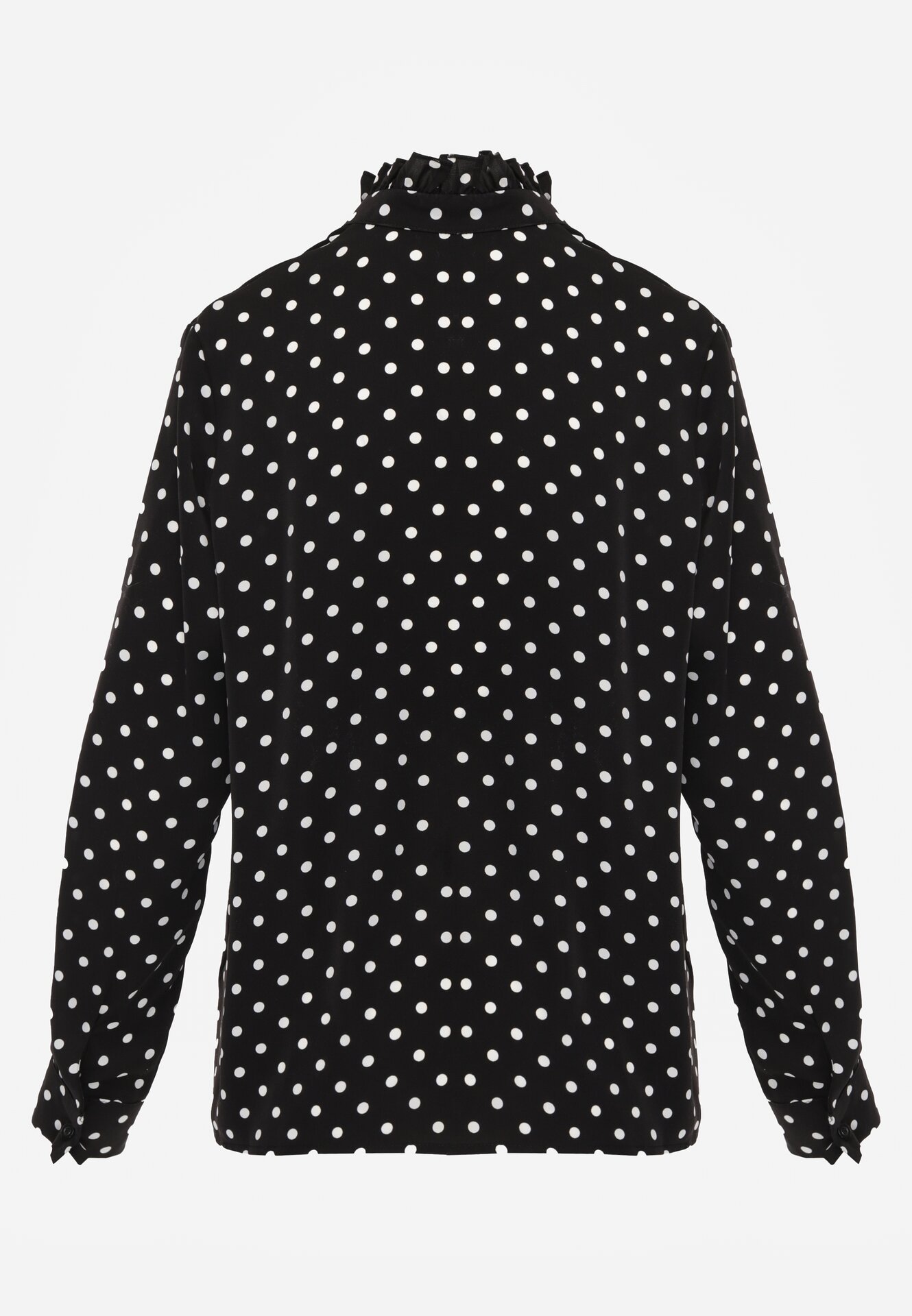 Czarna Wiskozowa Koszula w Kropki ze Stójką z Ozdobnymi Falbanami Isamene