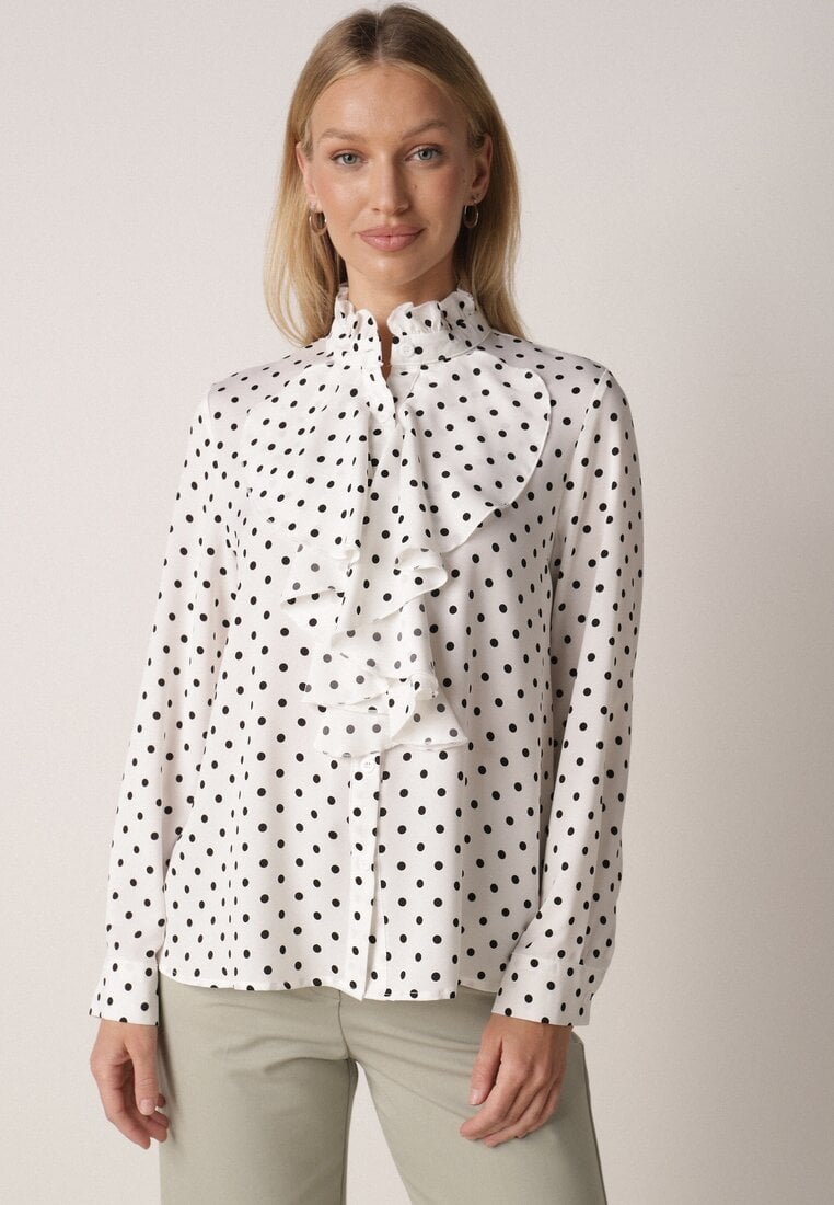 Biała Wiskozowa Koszula w Kropki ze Stójką z Ozdobnymi Falbanami Isamene