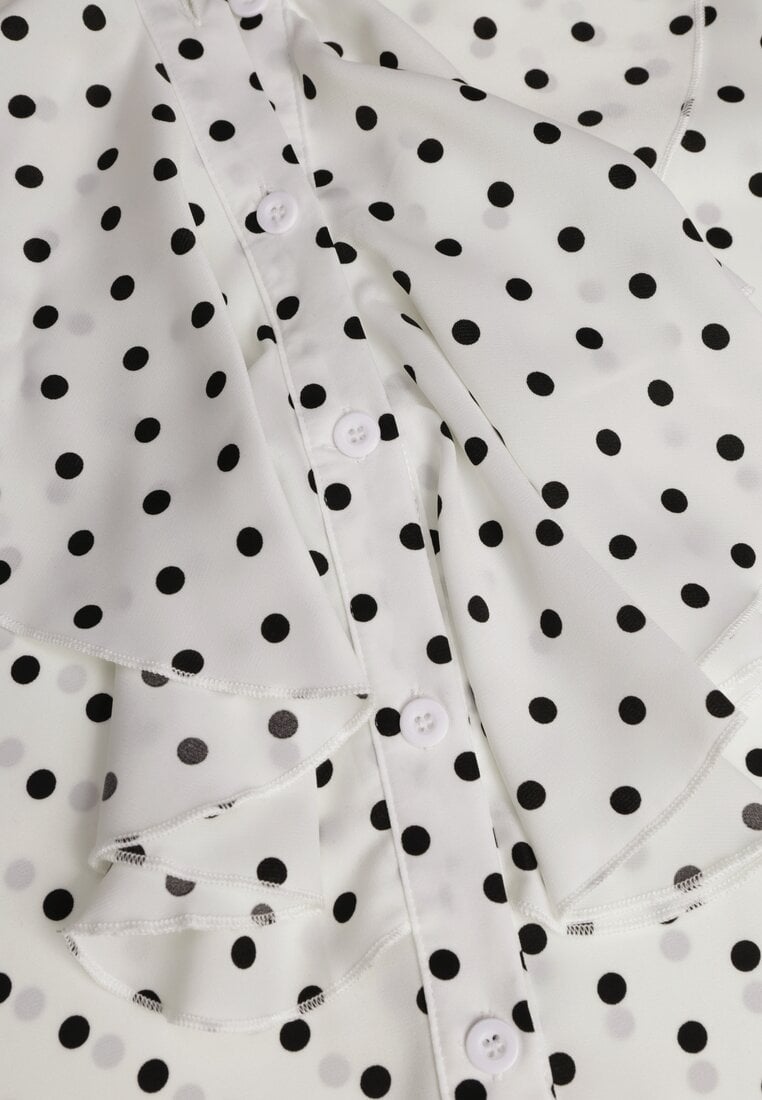 Biała Wiskozowa Koszula w Kropki ze Stójką z Ozdobnymi Falbanami Isamene