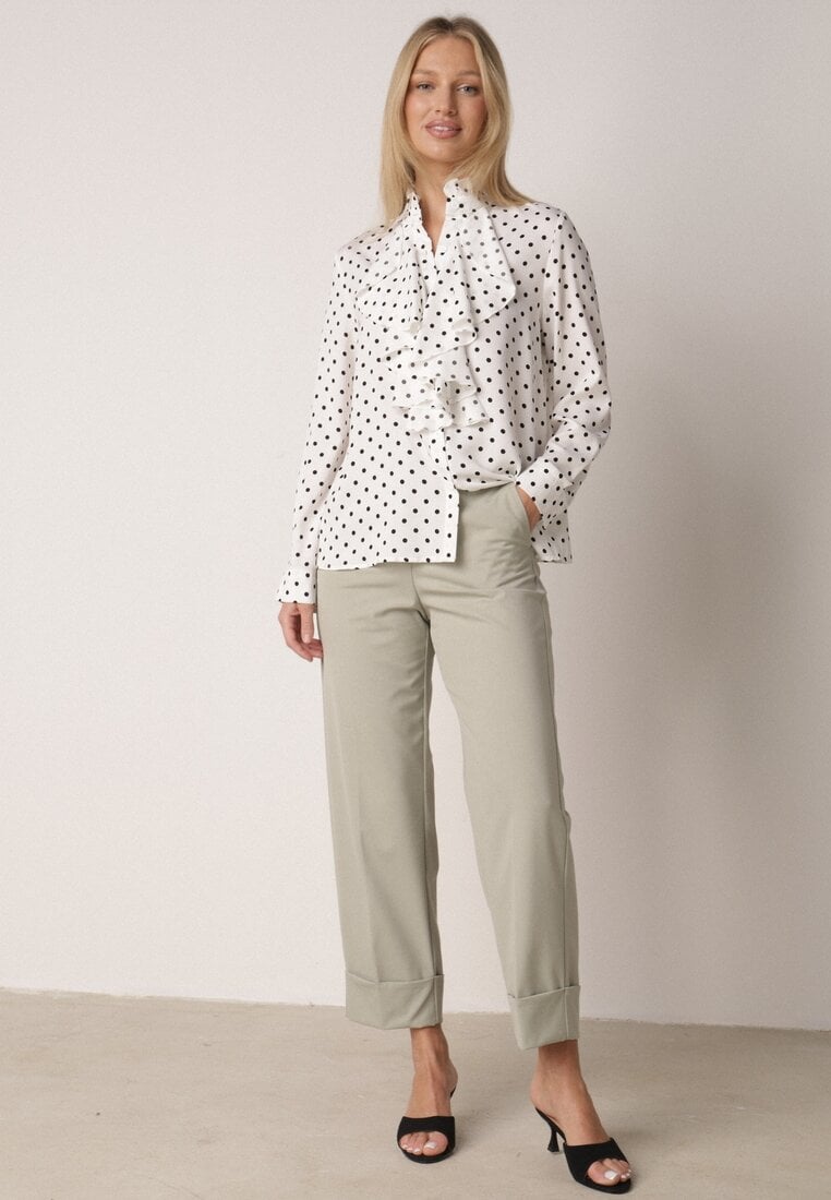 Biała Wiskozowa Koszula w Kropki ze Stójką z Ozdobnymi Falbanami Isamene