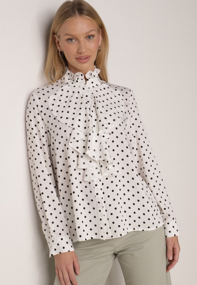Biała Wiskozowa Koszula w Kropki ze Stójką z Ozdobnymi Falbanami Isamene
