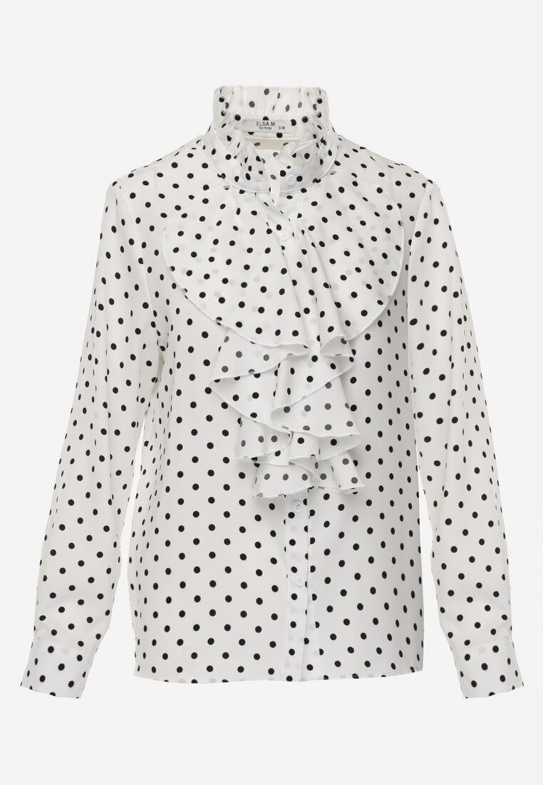 Biała Wiskozowa Koszula w Kropki ze Stójką z Ozdobnymi Falbanami Isamene
